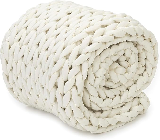 Nuzzie Chunky Knit Weighted Blanket - Breathable, Cooling, Hand Made Knit Throw Blanket for Sleep - Machine Washable, Stylish Design (Cream, Queen | 28lbs | 80"x80")