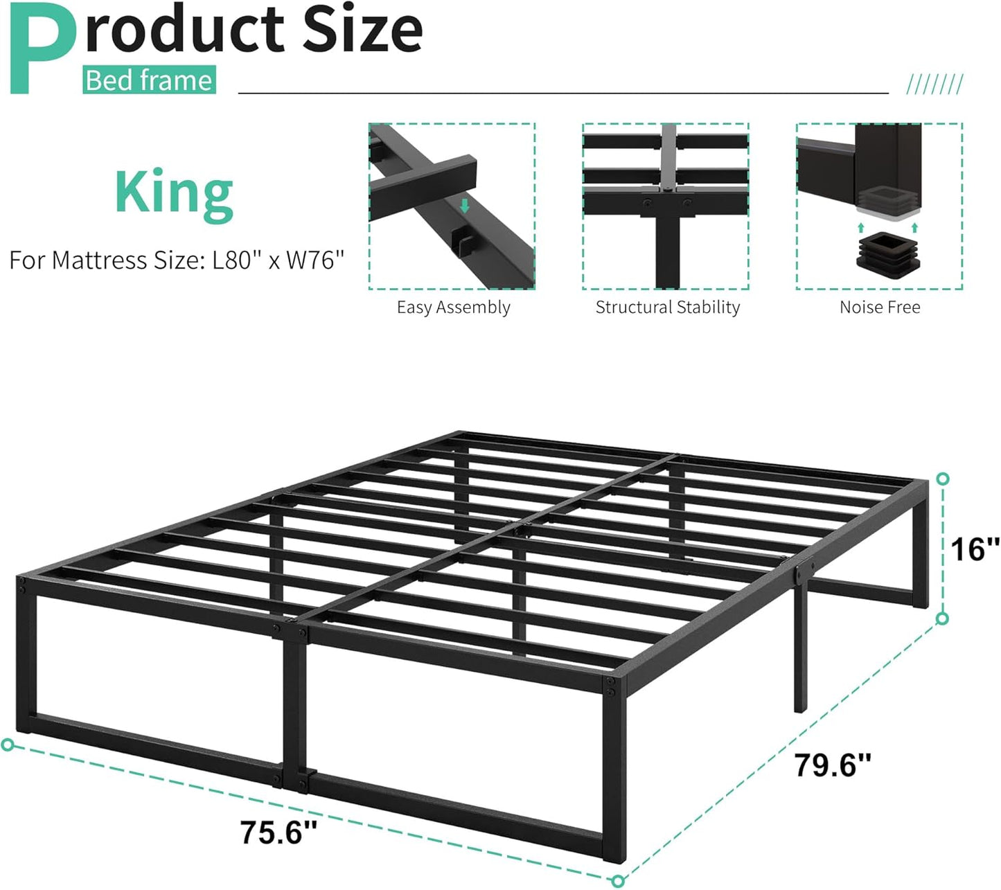 16 Inch King Size Bed Frame Sturdy Mattress Foundation, Heavy Duty Metal Platform with Steel Slats Support No Box Spring Needed, Noise Free, Easy Assembly, Black
