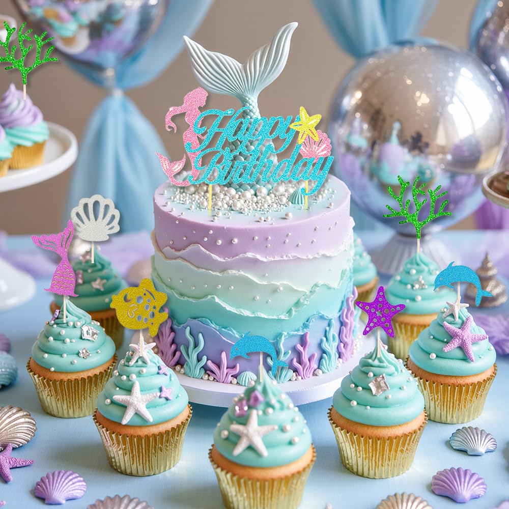 Winrayk Purple Mermaid Party Decorations Birthday Supplies for Girls, Large Foil Balloon with Birthday Banner/ Shell Garland/ Tablecloth/ Metallic Balloon/ Cake Topper, Little Mermaid Party Decoration