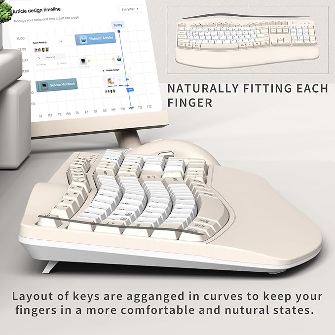 Ergonomic Wireless Keyboard and Mouse Combo, Wave Keys Keyboard with Wrist Rest for Natural Typing, 3 DPI Adjustable Ergonomic Silent Mouse for Computer/Laptop/Windows/Mac (Latte Color-B)