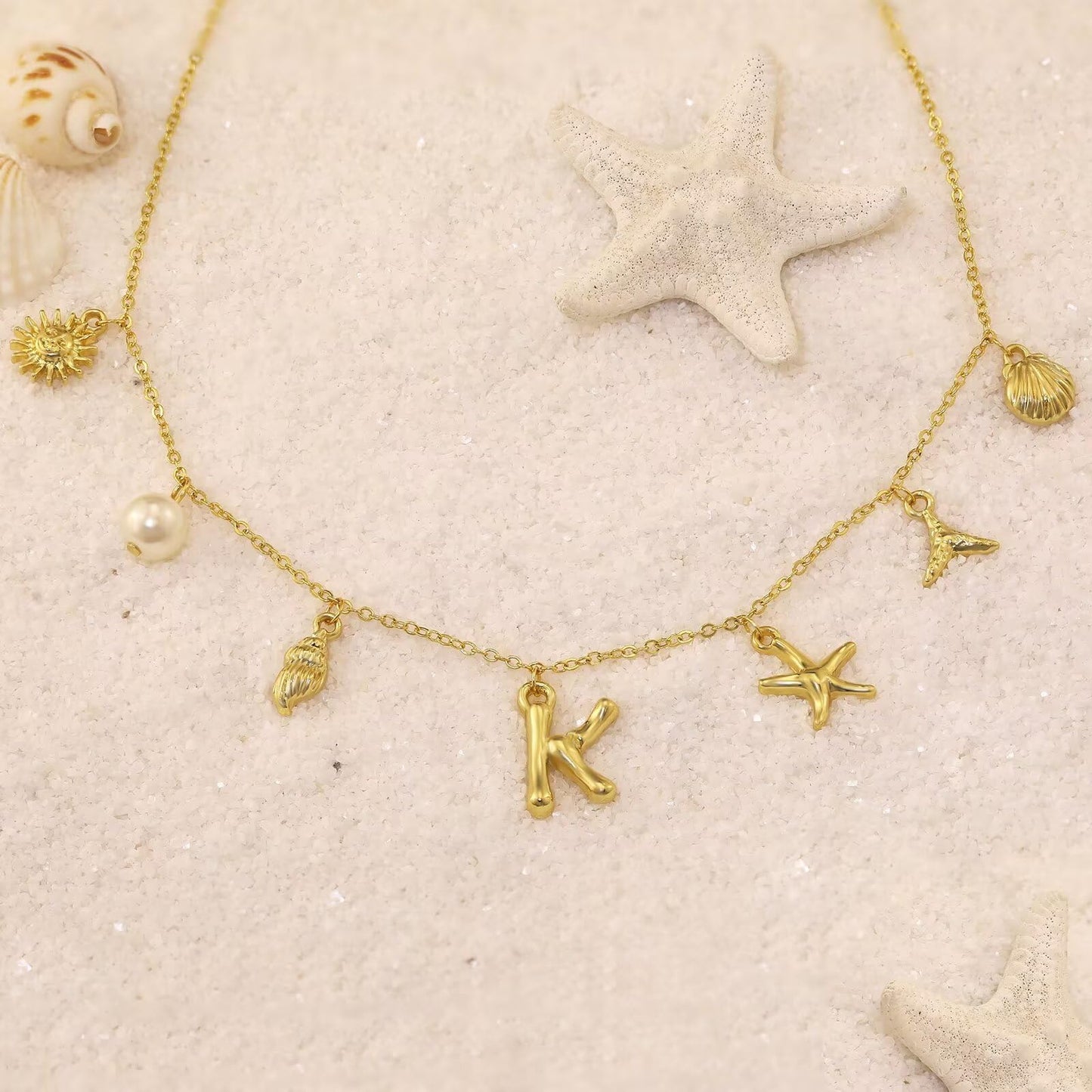 JALZEMPL Initial Charm Necklace For Women Shell Seashell Summer Beach Letter 14K Gold Plated Pendant Starfish Surfer Boho Jewelry Gifts (U)