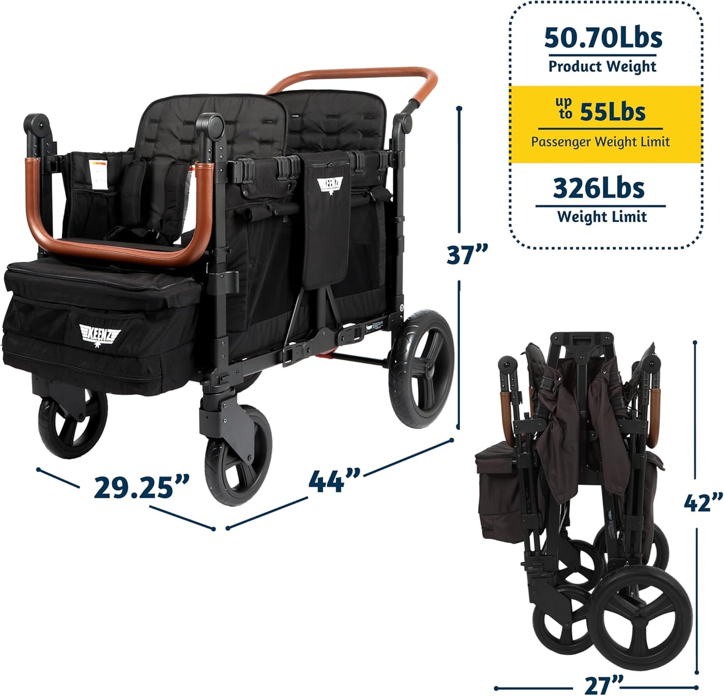 Keenz VYOO Stroller Wagon with Canopy - Foldable Design for Easy Storage, 5 Seating Positions for Kids, Enhanced Child Safety, All-Terrain Mobility, 4-Passangers, Grey