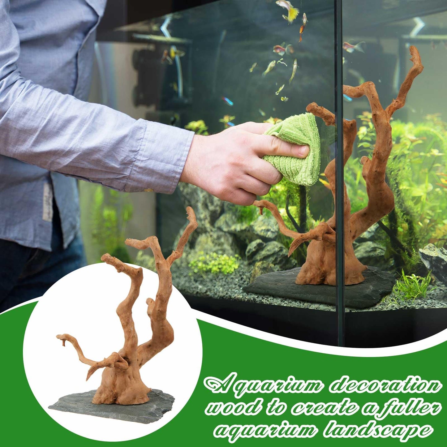 AceOrbit Large Driftwood for Aquarium, 8.5-11.5 Inch Spider Wood on Slate Stone, Natural Spiderwood Aquarium Driftwood Aquascaping Wood for Reptile Enclosure, Terrarium, Reptile Tank, Fish Tank Decor