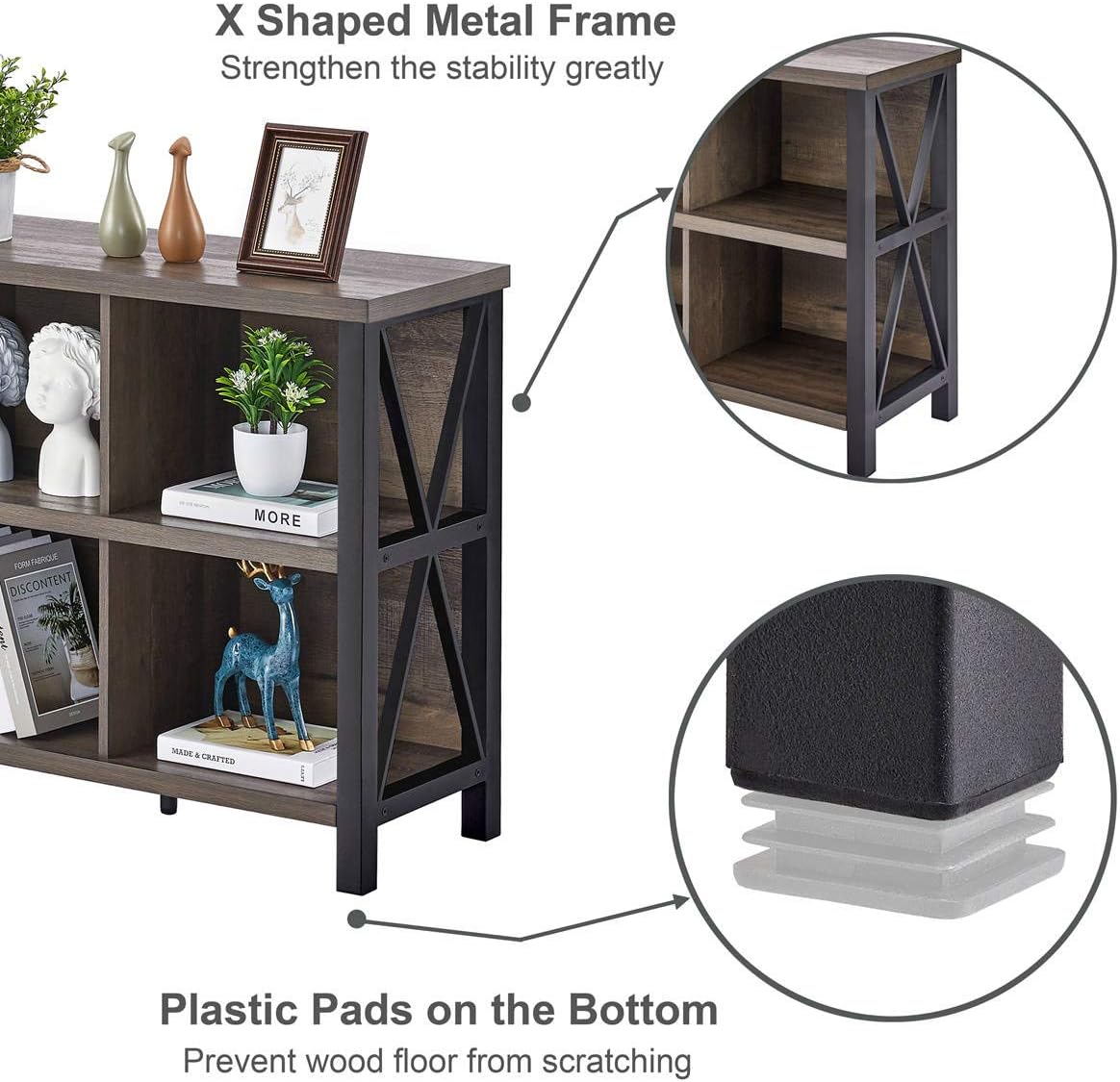 FATORRI Rustic 6 Cube Storage Organizer with Shelf, Wood and Metal Cubby Bookcase, Industrial Horizontal Bookshelf for Living Room, Home Office (Walnut Brown, 47 Inch)