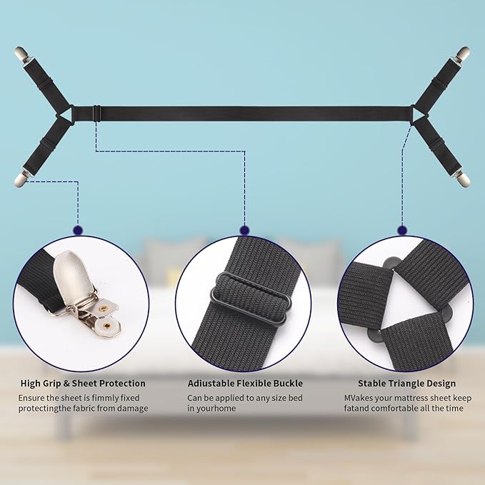 Bed Sheet Straps,3 PCS Secure and Sheet Holder Straps for Full Size Beds,Adjustable Crisscross Fitted Sheet Clips,Black