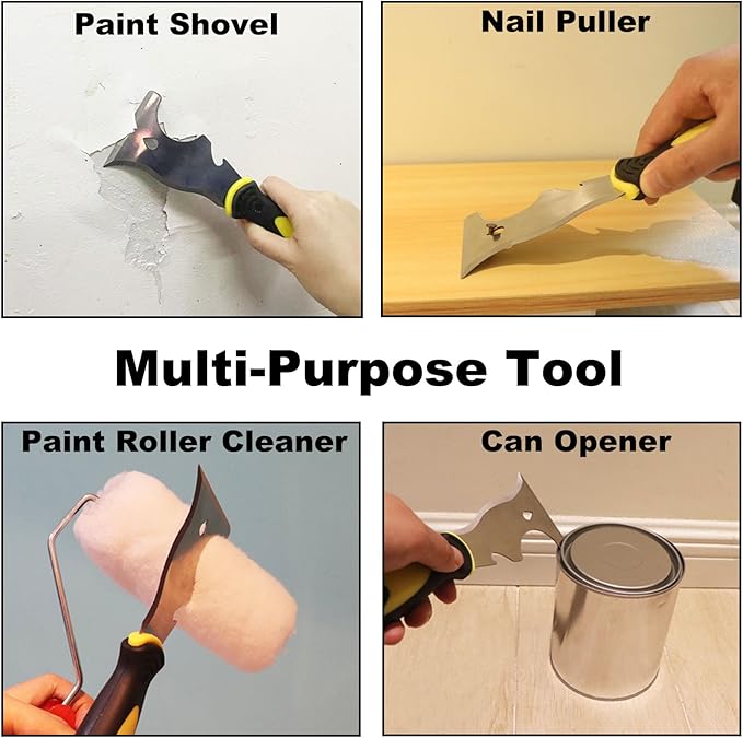 9-in-1 Painter's Tool, Straight Scraper, Gouger, Roller Cleaner, Curved Scraper, Bottle Opener, Can Opener, Nail Puller, Screwdriver, Hammer | Stainless Steel/Soft Grip Handle