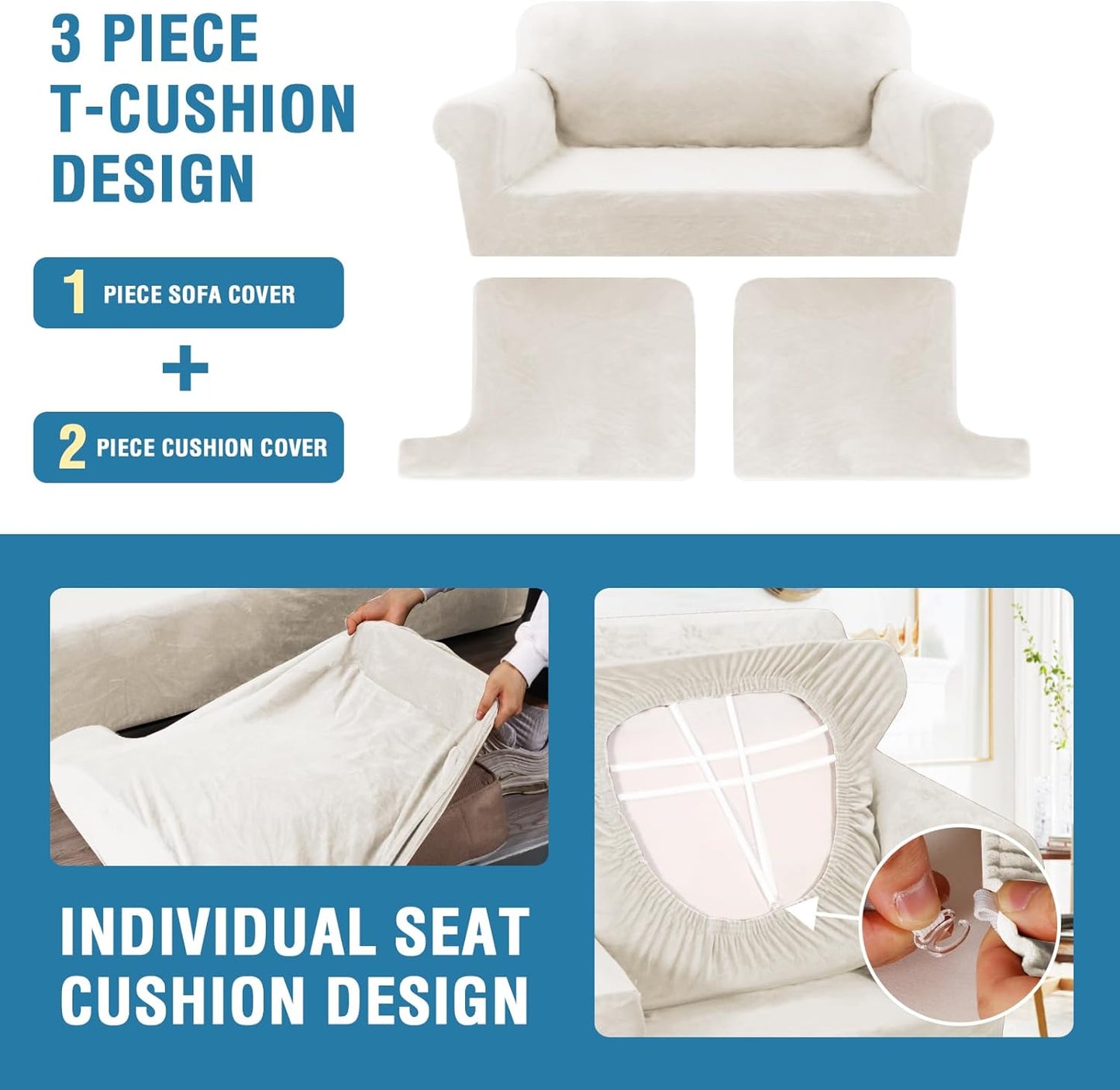 H.VERSAILTEX Sofa Cover 3 Piece T Cushion Loveseat Slipcovers Thick Velvet Couch Cover Stretch T Cushion Sofa Covers for 2 Cushion Couch with 2 Individual T Cushion Covers, Porcelain