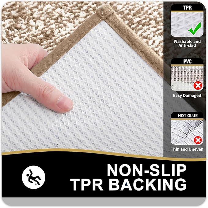 OLANLY Toilet Rugs U-Shaped 24x20, Extra Soft and Absorbent Microfiber Bathroom Rugs, Non-Slip, Machine Wash Dry, Plush Shaggy Contour Bath Mats for Toilet Base (Tan and White)