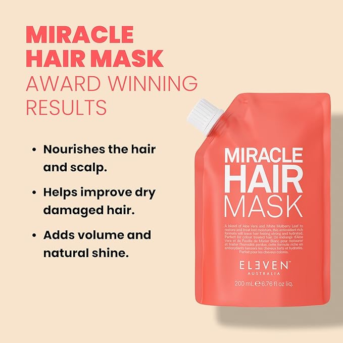 ELEVEN AUSTRALIA Miracle Hair Mask for Dry Damaged Hair - Deep Conditioning Treatment for Men & Women, Restores Moisture & Helps Damage, Hydrating & Moisturizing, Nourishing Formula - 6.8 fl oz