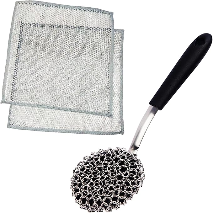 Cast Iron Scrubber with Silicone Handle, Chainmail Scrubber 316 Stainless Steel Brush Non-Scratch Pot for Cast Iron Pan Skillet Cleaner, Dishwasher Safe