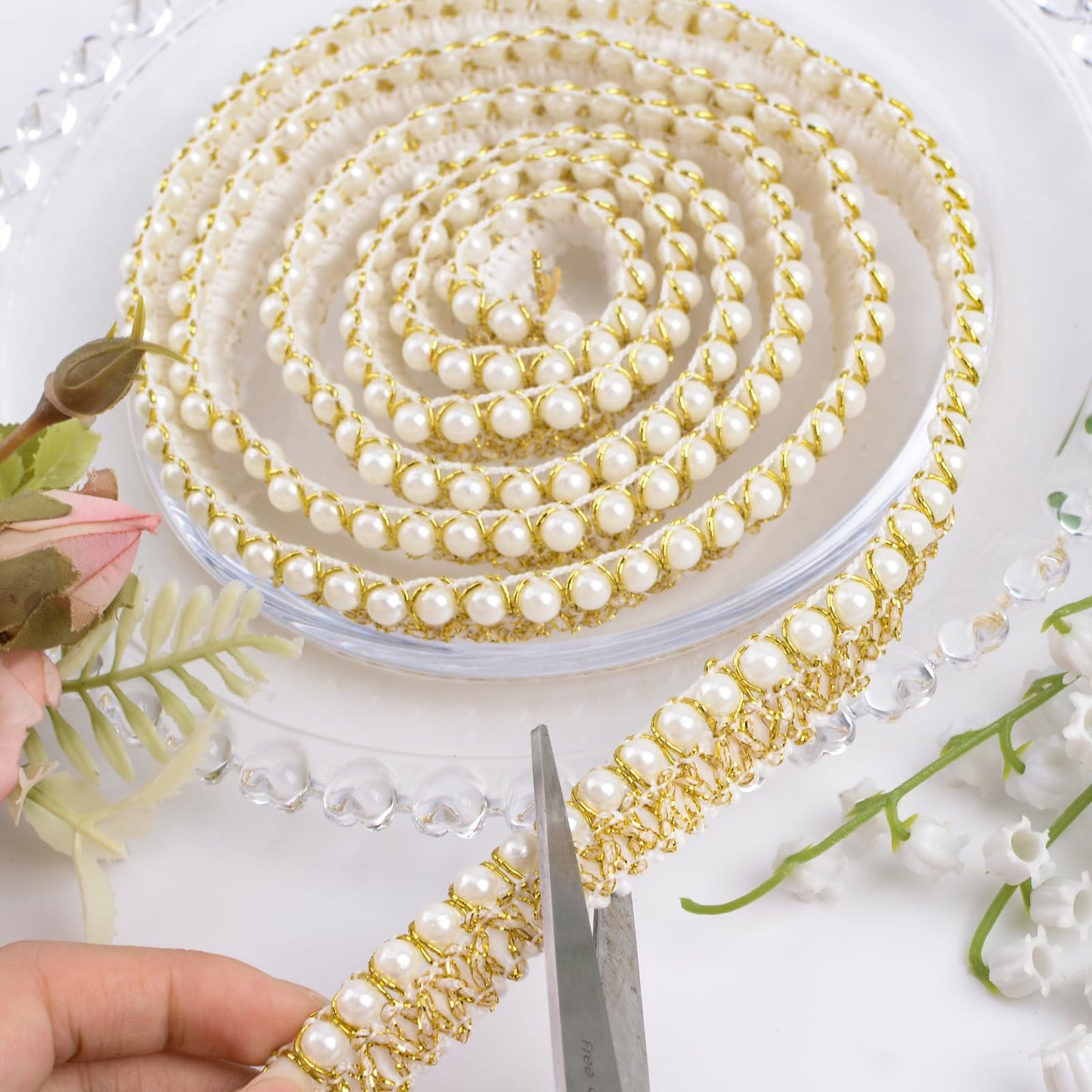 URROMA White Gold Pearl Trim - 10 Yards Beaded Lace Trimming Embroidery Embellishment Ribbon for Sewing Fabric, Garment Accessories, Dress Bag Decoration, Crafts DIY