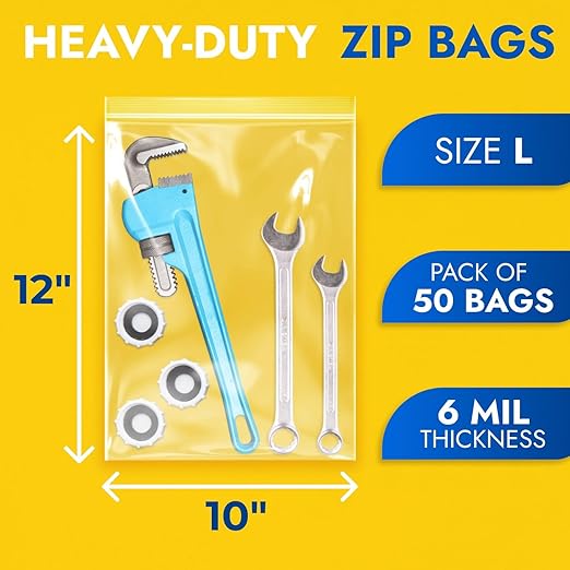 10" x 12" Medium Zip Seal Lock Bags, 6 Mil (Pack of 50) – Heavy-Duty Reclosable Plastic Bags – Clear, Resealable, Waterproof – For Storing and Organizing Clothes, Jewelry, and Travel Items