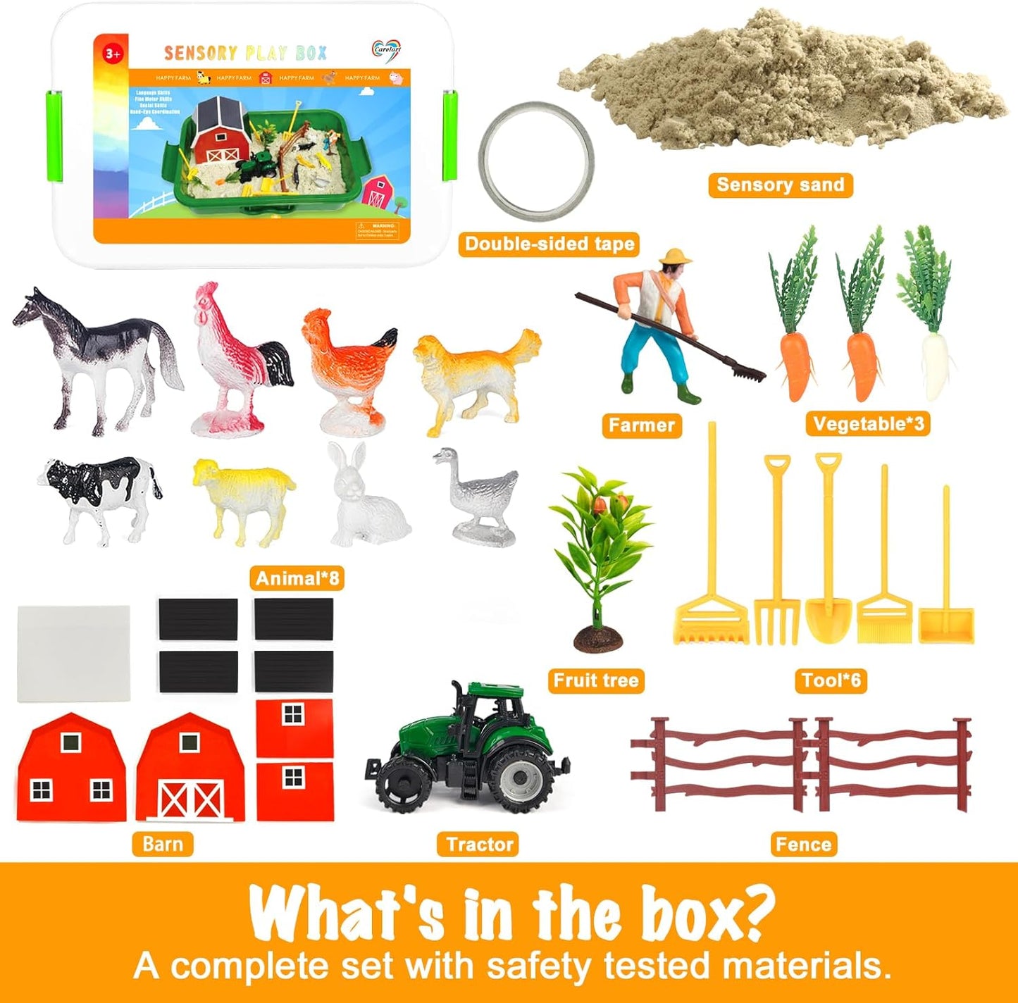 Farm Sensory Bin，Farm Animals Sand Kit with Sensory Sand，Barn Sandbox with Tractor，Sensory Play Sand Set for Kids 3 4 5 6 7