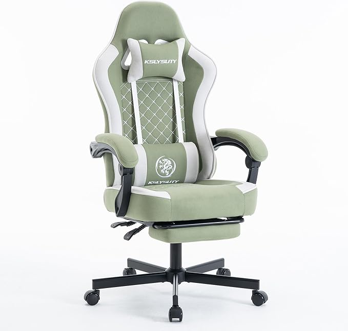 Gaming Chair for Adults with Footrest and Lumbar Support, Height Adjustable Game Chair with 360°-Swivel Seat and Headrest and for Office or Gaming (Green and White Fabric)