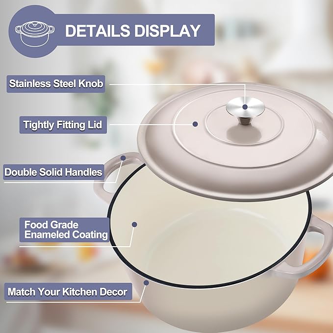 TeamFar Dutch Oven, 6QT Enameled Cast Iron Dutch Oven Cooking Pot with Lid & Dual Handles, for Bread Baking Braising Stewing, Heavy Duty & Non Stick, Oven & All Stovetops Safe - Khaki