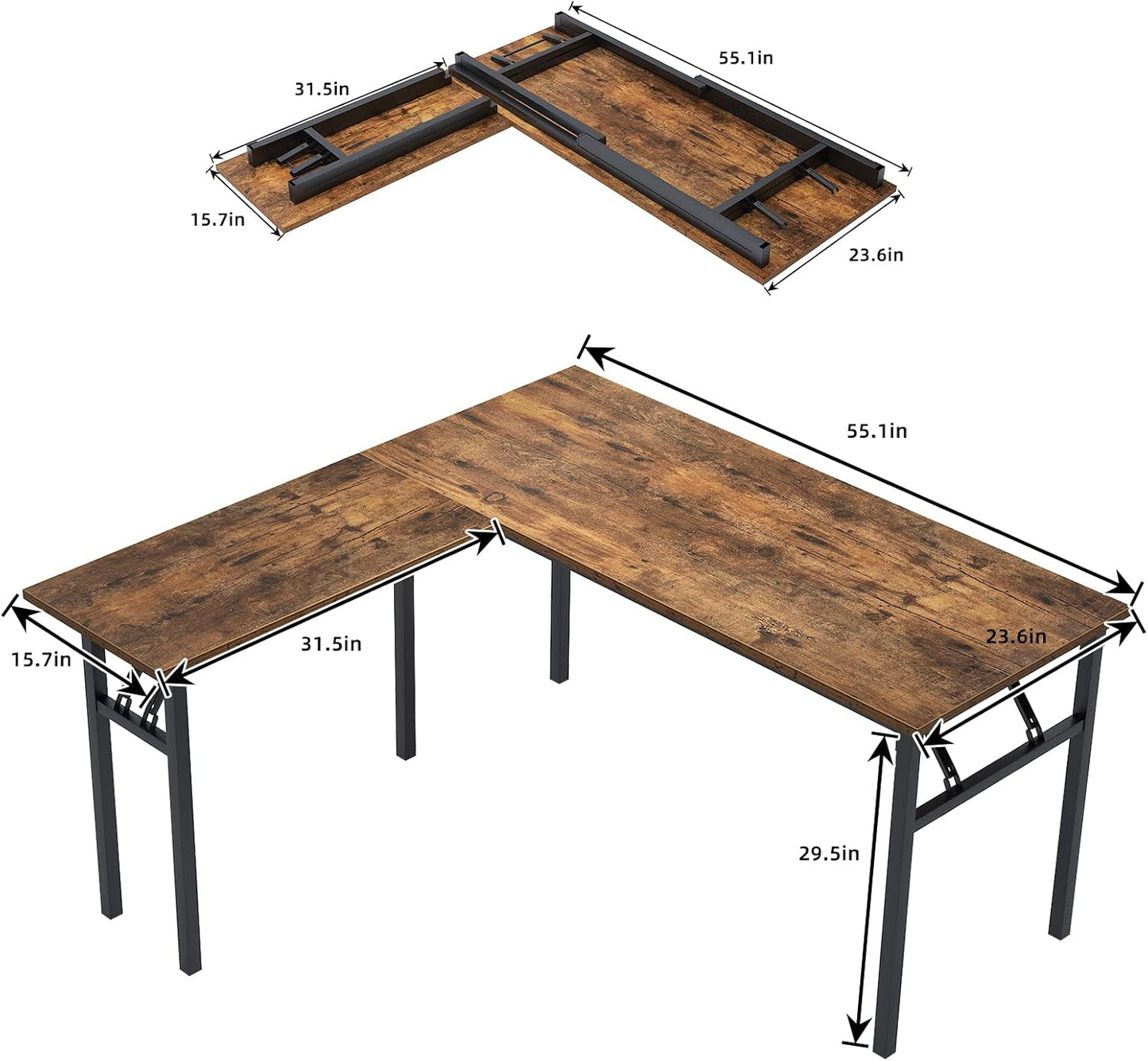 DlandHome L-Shaped Desk Large Corner Desk Folding Table Computer Desk Home Office Table Computer Workstation, ND11 (Rustic Brown)