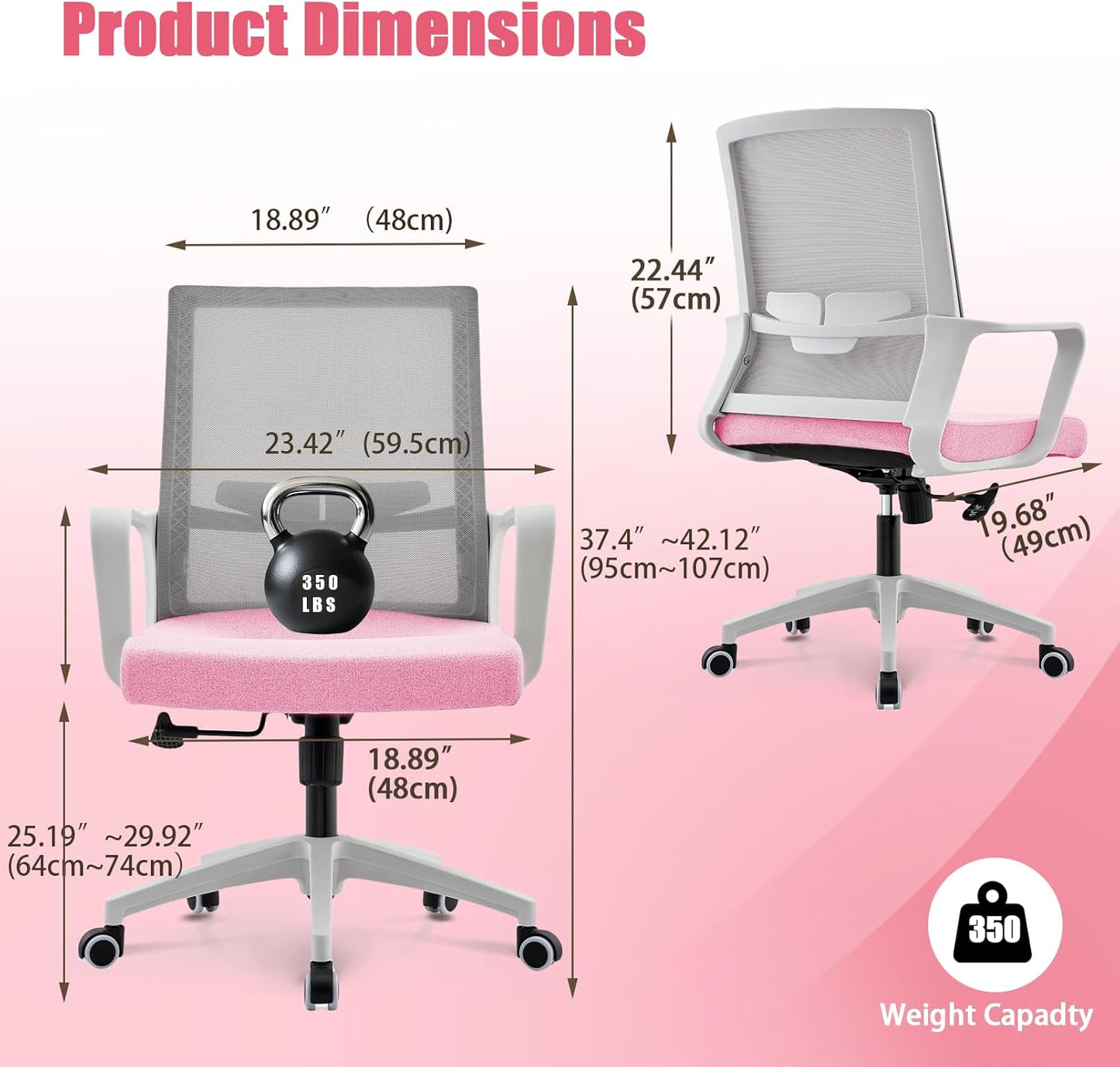 Office Chair ergonomically Designed with Breathable mesh backrest and Lumbar Support Adjustable Height Suitable for Offices Homes bedrooms Study Rooms Pink