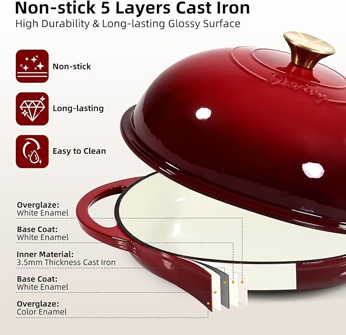 Davivy 6QT Oval Cast Iron Dutch Oven with Domed Lid, Bread Dutch Oven for Sourdough Bread Baking, Enameled Oval Sourdough Bread Loaf Pan 6QT, Bread Cloche Sourdough Pan with Lid - Ruby Red