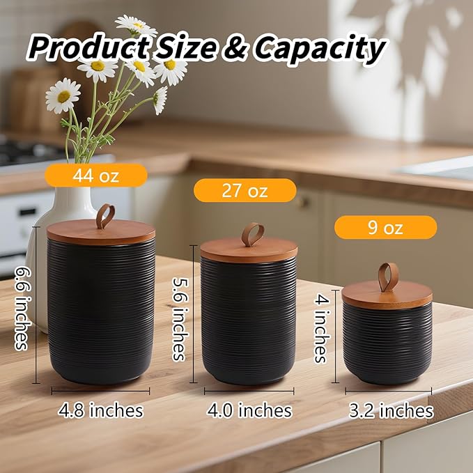 Food Storage Jar Strong Ceramic Storage Canisters with Airtight Wooden Lid,Kitchen Storage Containers for Serving Coffee Beans, Tea, Sugar, Salt, Spices (Medium black 27oz)