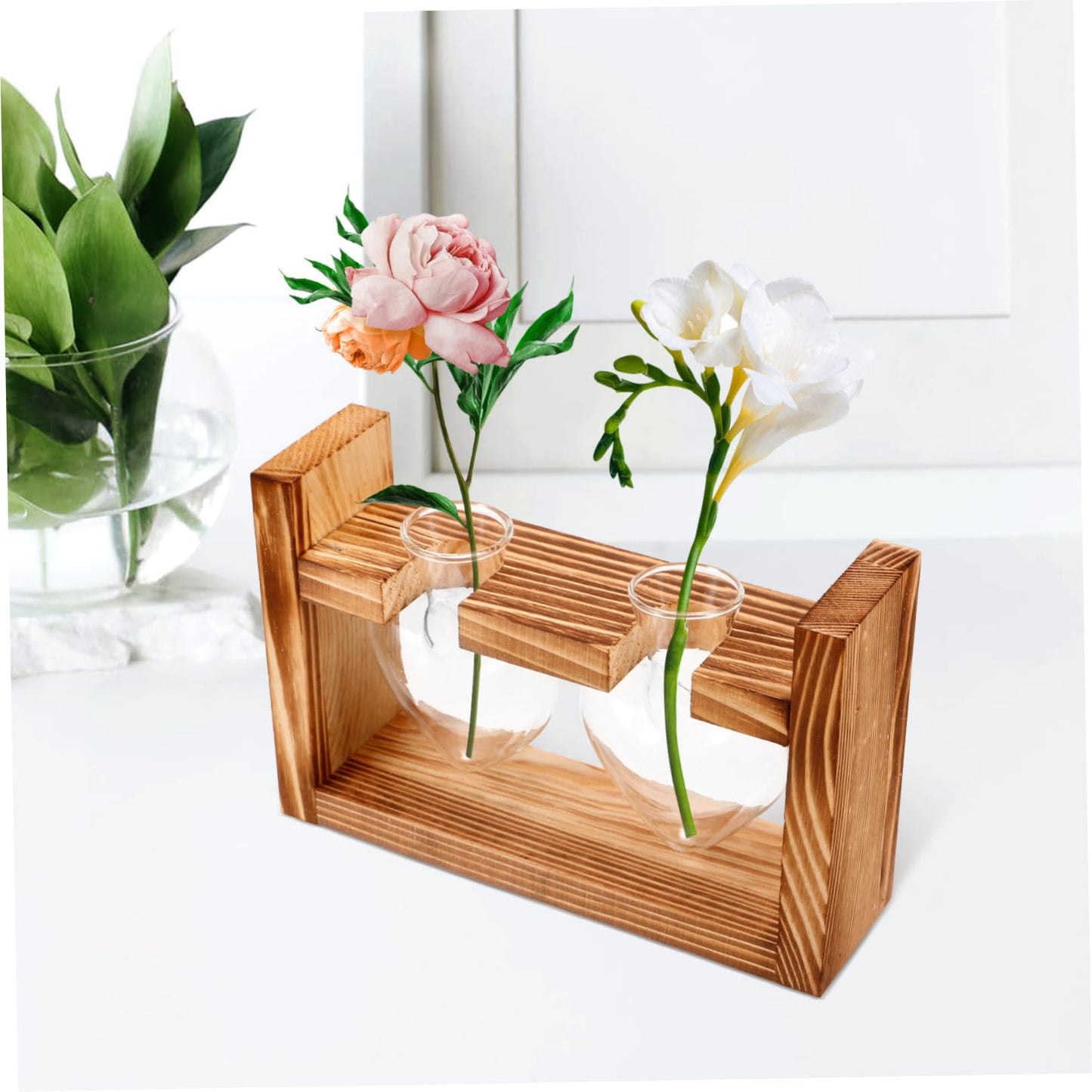 ORFOFE Heart Shape Hydroponic Terrarium Vase with Wooden Stand Glass Plant Holder for Indoor Gardening Stylish Desktop Water Planter for Home Decor