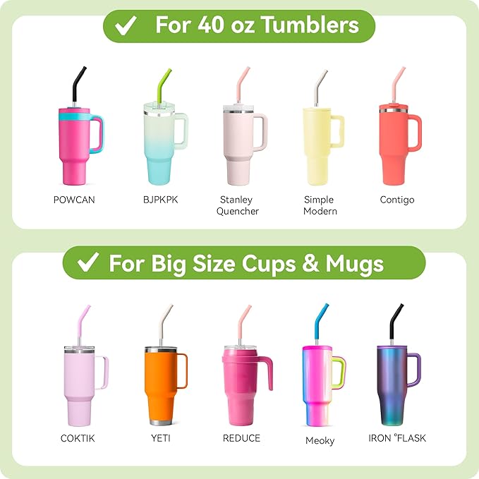 Snowfall Metal Straw for Stanley 40 OZ Cup, 12.2'' Long Reusable Stainless Steel Replacement Straws with Silicone Tip for Simple Modern 40 OZ Tumbler (Black)