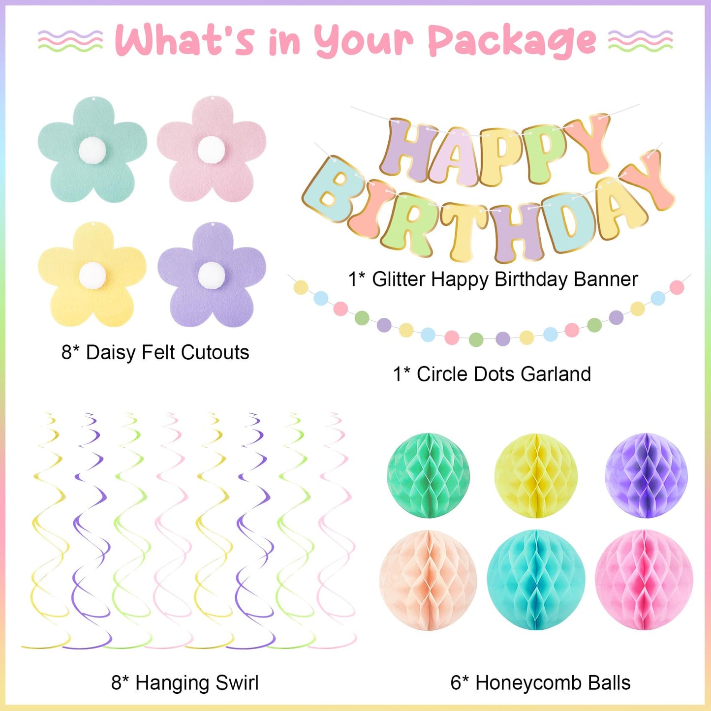 Amandir Pastel Birthday Decorations for Girls Women, Happy Birthday Banner with Honeycomb Balls, Daisy Flowers Hanging Swirls, Circle Dots Garland, Pastel Spring Easter Party Decorations Supplies