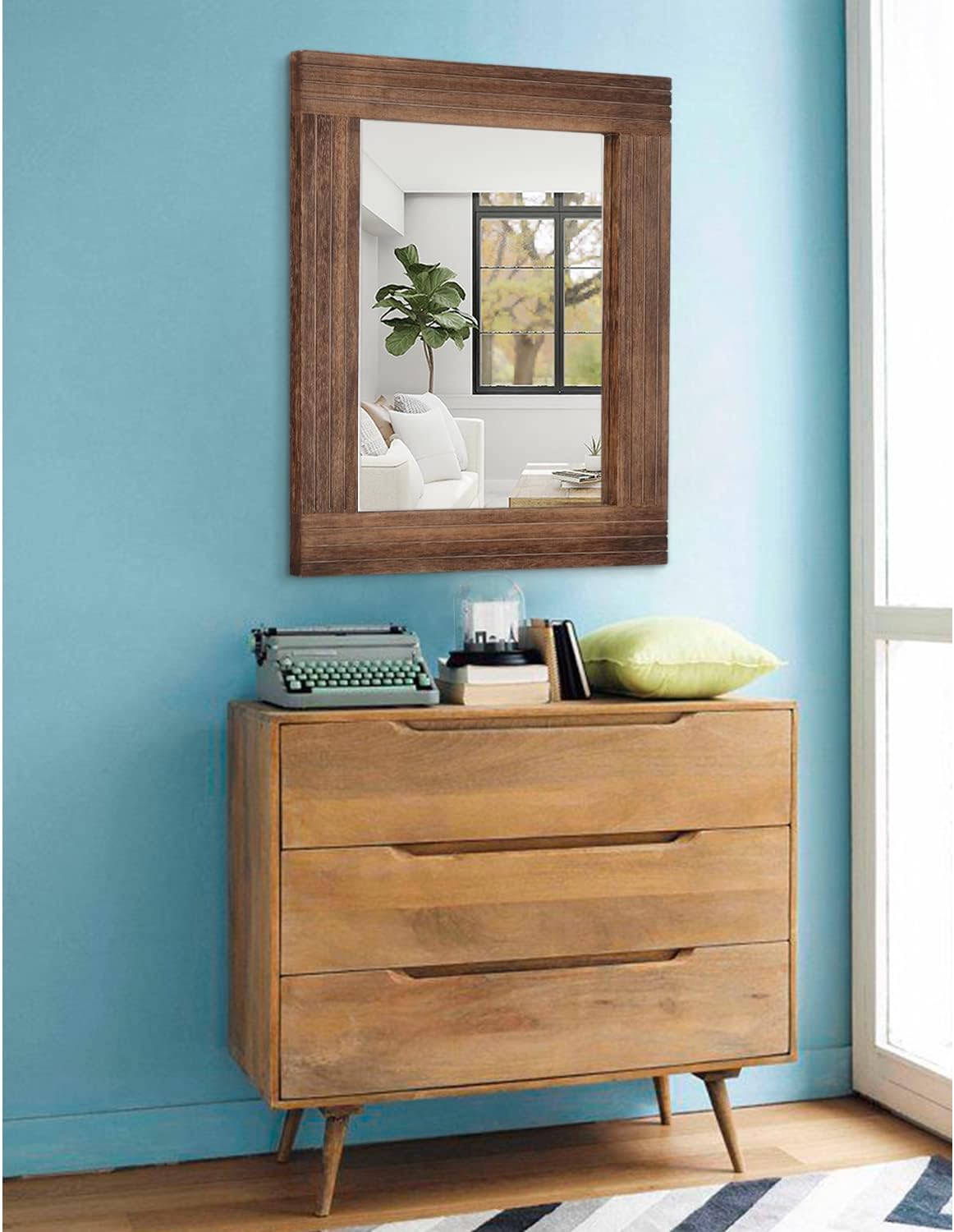 Wood Mirror Rectangular Framed Rustic Vintage Mirrors Decor Farmhouse Bedroom Bathroom Mirror for Dressing Table Entrance Large 20"x16" Brown
