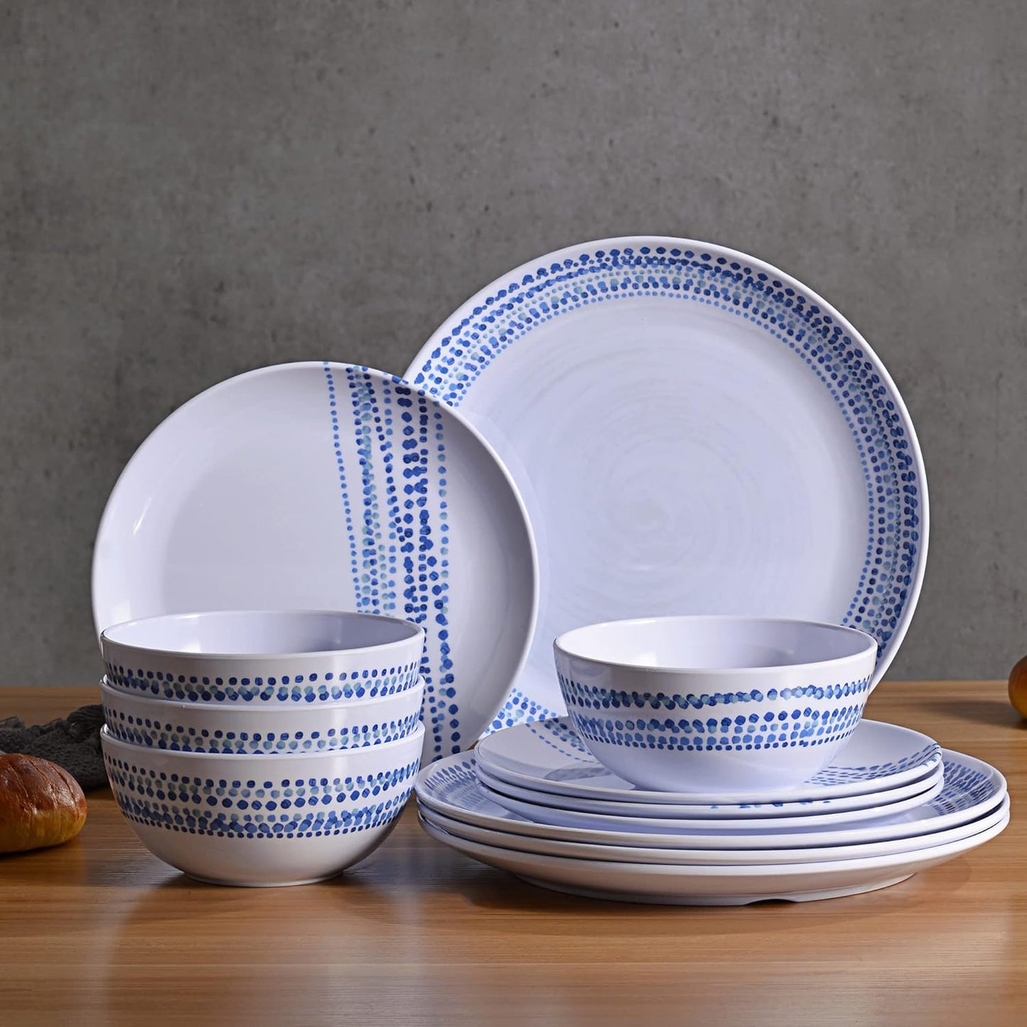 Melamine Dinnerware Sets, 12Pcs Plates and Bowls Sets Dinnerware Sets for 4, Unbreakable Dish Set for Indoor and Outdoor Use, Dishwasher Safe Raindrops Design