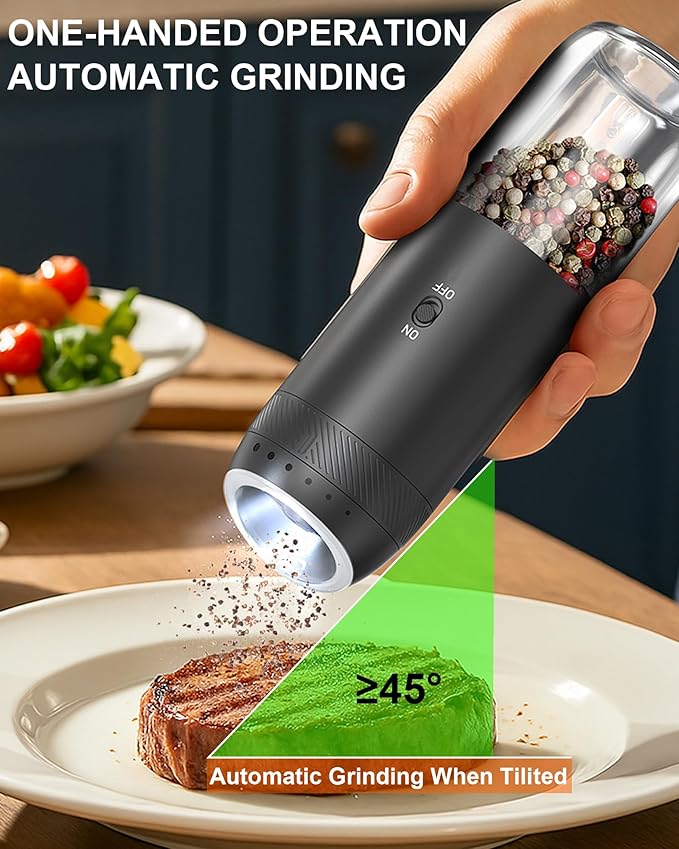 Gravity Salt and Pepper Grinder Set with Charging Base, Automatic Salt Grinder Electric with LED Light & 6 Adjustable Coarseness, One-Handed Operation and 176ml Capacity, Black
