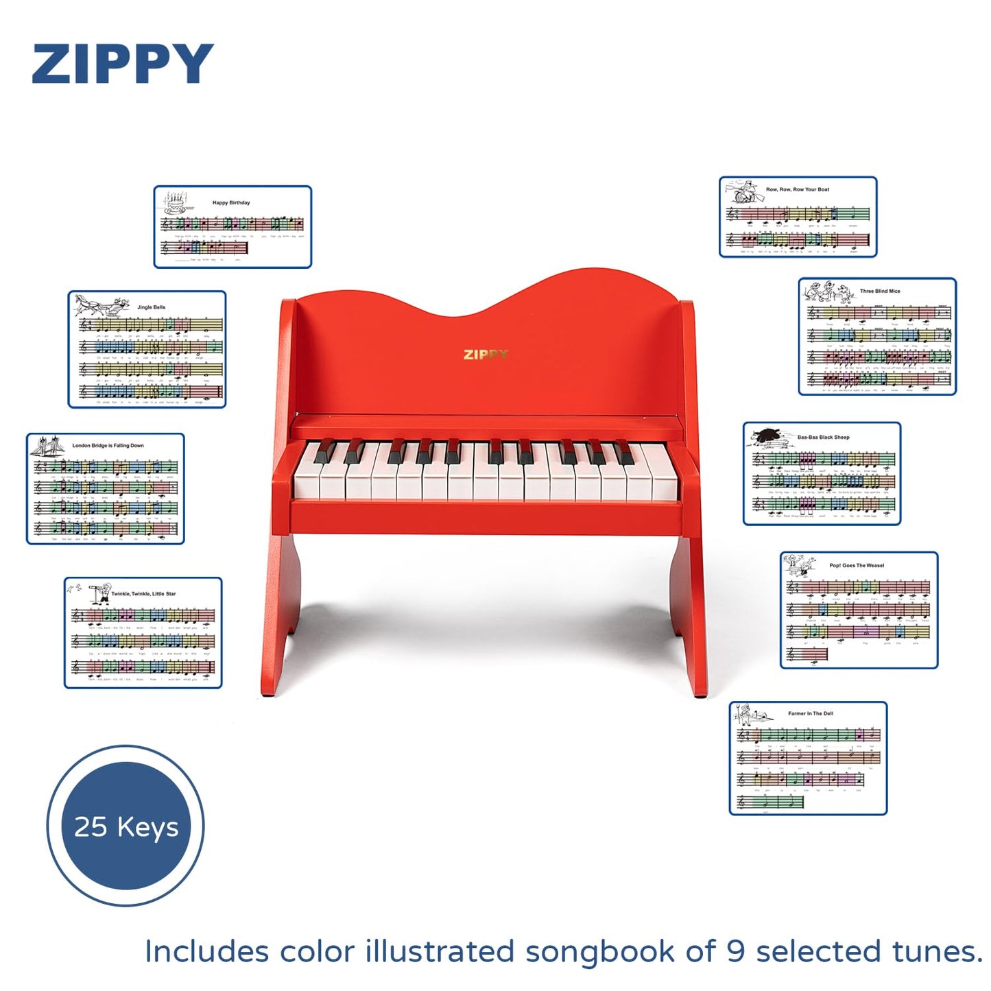 ZIPPY Kids Piano Keyboard, 25 Keys Digital Piano for Kids, Volume Adjustable, Mini Music Educational Instrument Toy, Wood Toy for Toddlers Girls Boys (Red)