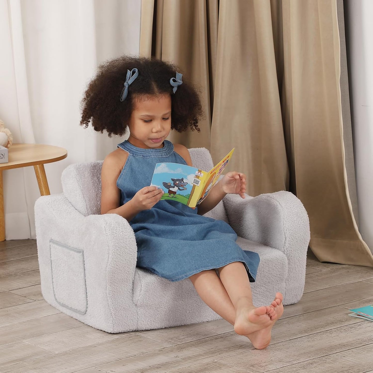 Comfy Toddler Chair, 2-in-1 Toddler Couch Fold Out, Convertible Sherpa Sofa to Lounger for Boys & Girls, Grey