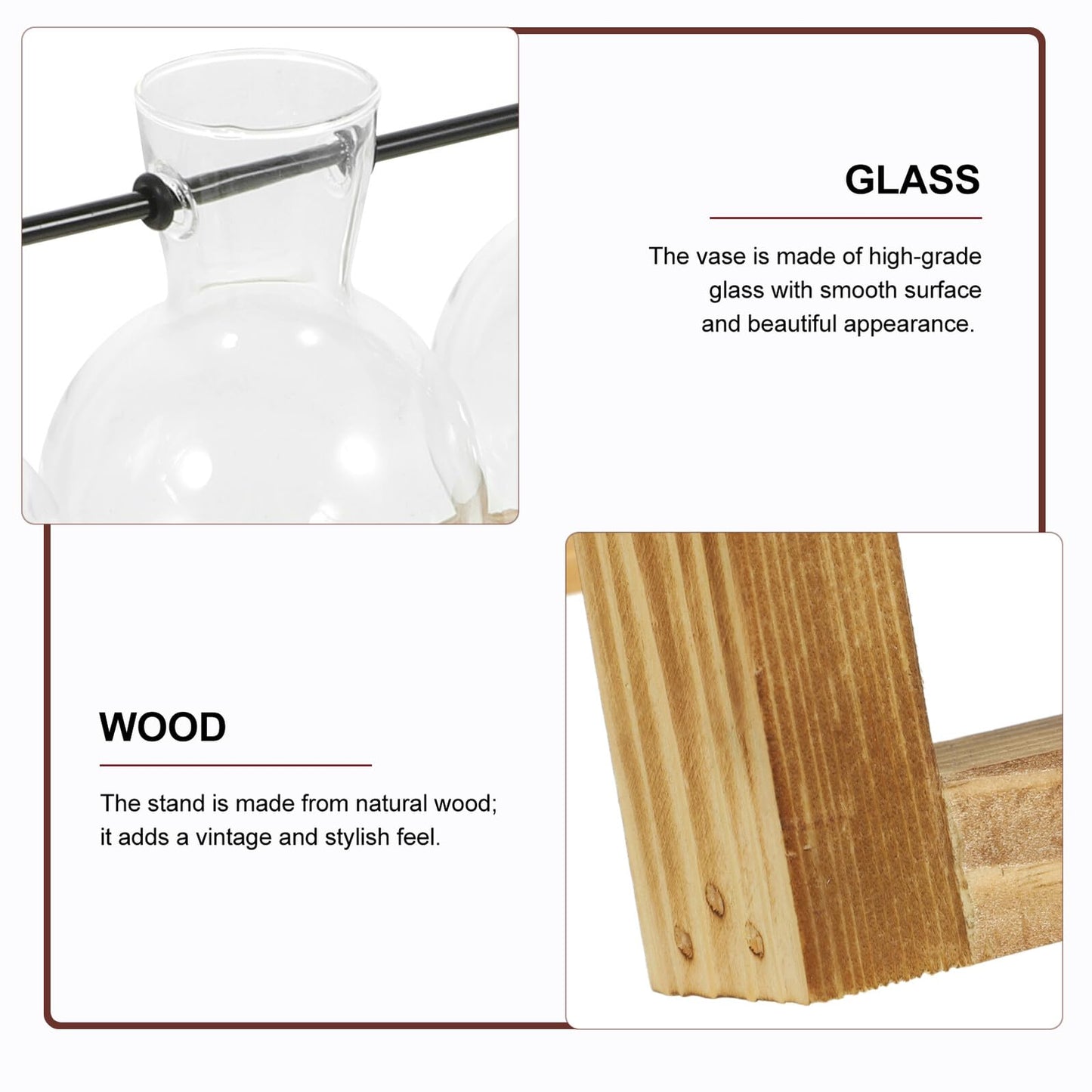 Toyvian Glass Propagation Vases Set of 5 with Wooden Stand, Glass Containers for Hydroponic Plants and Desktop Greenery Decoration, Indoor Plant Terrarium Station for Home Garden