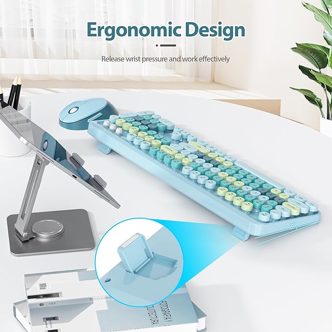 Wireless Keyboard and Mouse Set, Retro Typewriter Keyboard, 2.4GHz Full Size 104-Key Cute Keyboard with Number Pad, Colorful Keyboard with Round Keycaps for Windows PC Laptop(Colorful Blue)