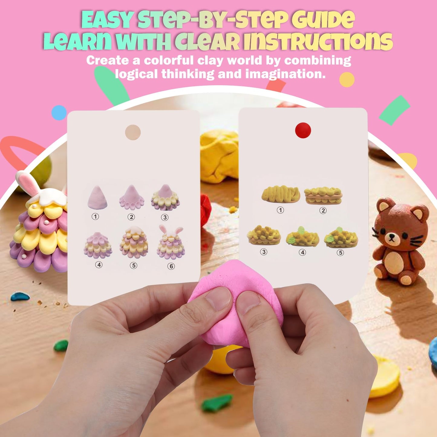 Air Dry Clay Kit for Kids | 12 Pack with 4 Colors & 12 Sculpting Guides | Non-Toxic, Easy to Use Creative Gift for Ages 3+ | Holiday Gifts, Birthday Gifts, Party Favors & Craft Supplies