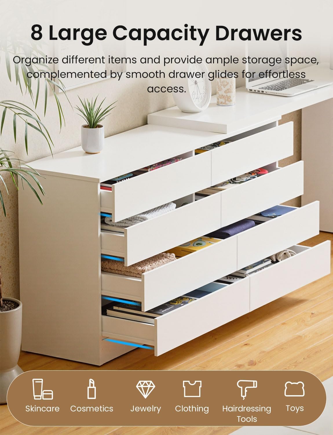 9 Drawer Vanity Dresser Combo with Extendable Table & L-Shaped Desk, White MDF Large Dresser with Deep Storage for Bedroom, Adjustable Desk and Vanity Combo for Small Spaces
