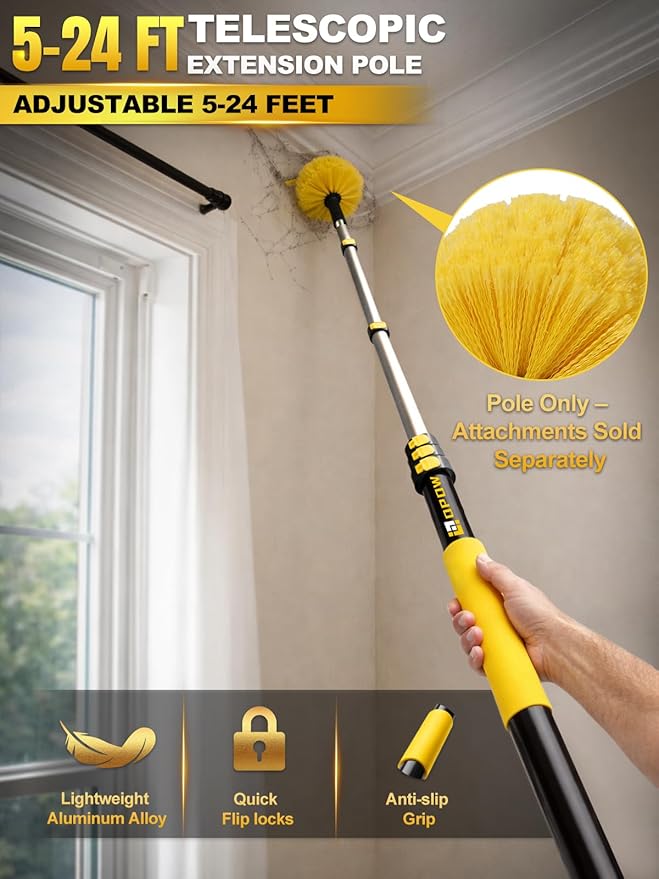 5-24 FT Reach Telescopic Extension Pole, Multi-Purpose Aluminum Alloy Telescoping Rod with Flip-Lock Design, Sturdy for Painting Dusting, High House Maintenance, and Window Cleaning
