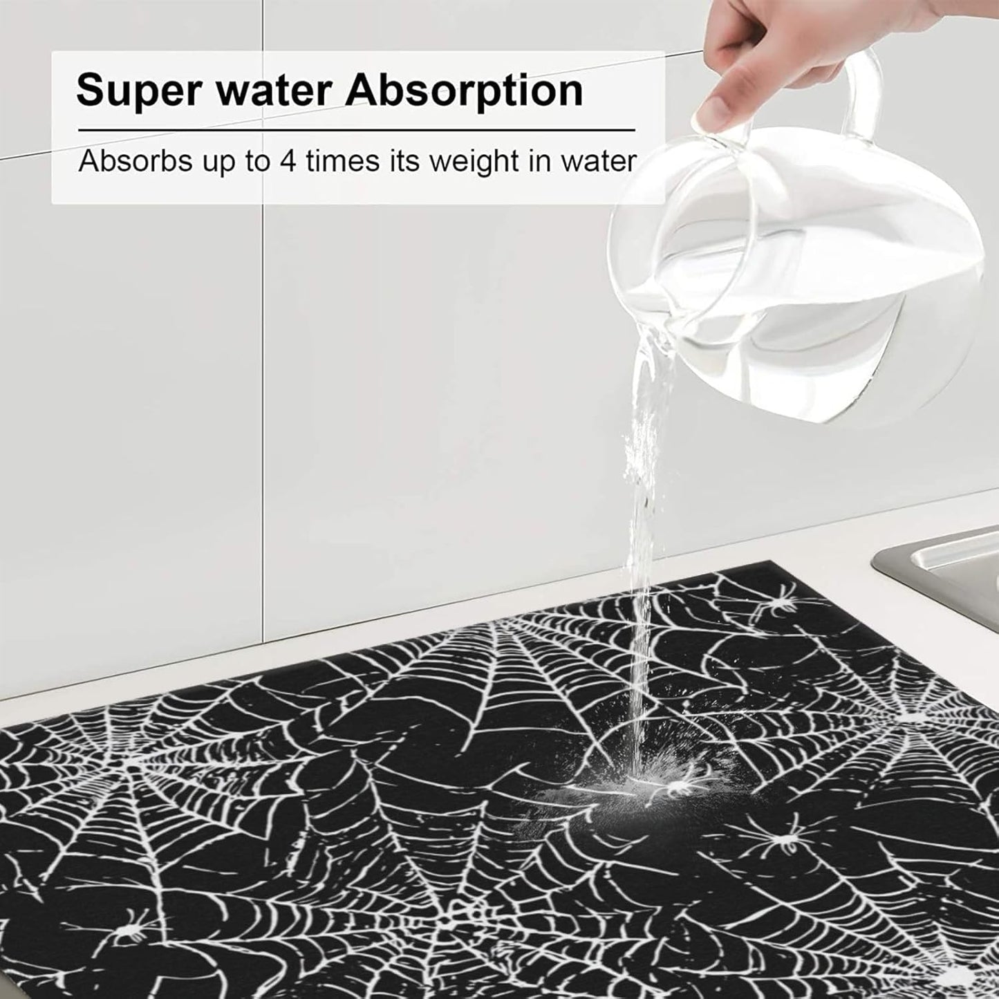 Dish Drying Mat Halloween Spider Web Pattern for Kitchen Counter Absorbent 16x18 Inch Microfiber Dishes Plate Glass Dry Draining Pad Reversible Washable