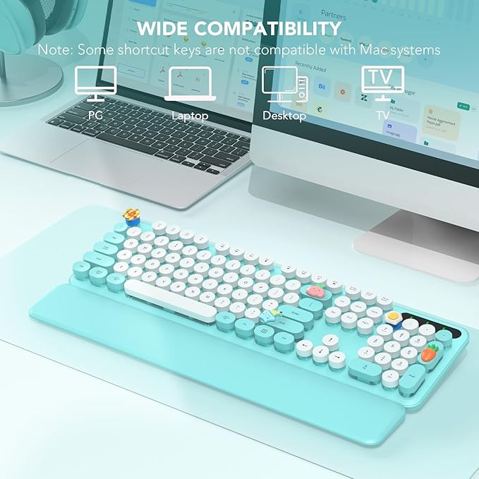 Wireless Keyboard, Round Keycaps, Retro Typewriter Keyboard with Detachable Wrist Rest, Sleep Mode, Foldable Legs, 2.4GHz Full-Size Cordless Computer Keyboard for Windows/PC/Laptop (Tiffany Blue)