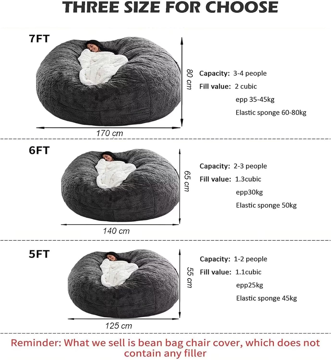 BCU 6FT Bean Bag Chair for Adults and Kids Without Filler Giant Stuffed Animal Storage Cover Soft Faux Fur Floor Chair Cover for Bedroom Living Room, Silver Red