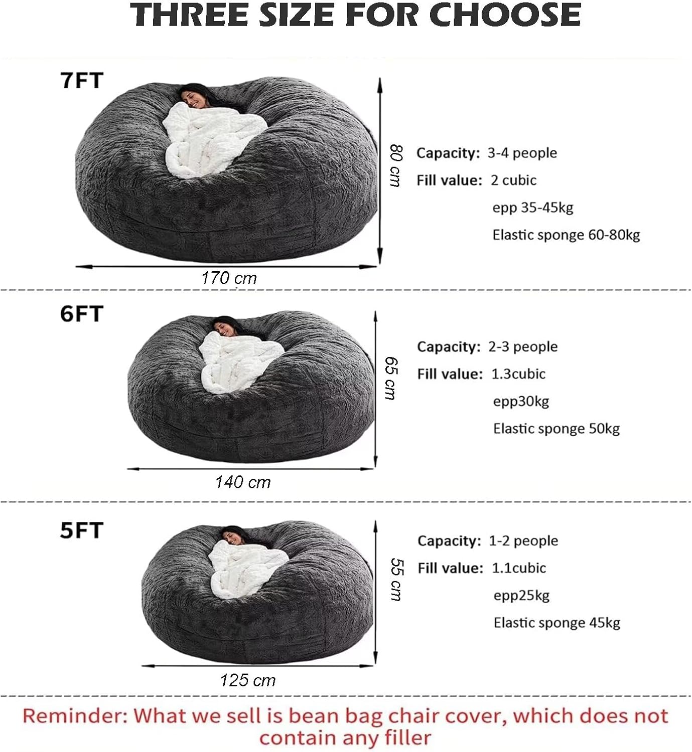 BCU 7FT Big Bean Bag for Adults Kids Without Filling Oversized Bean Bag Chair Cover for Stuffed Animal Storage, Dark Grey