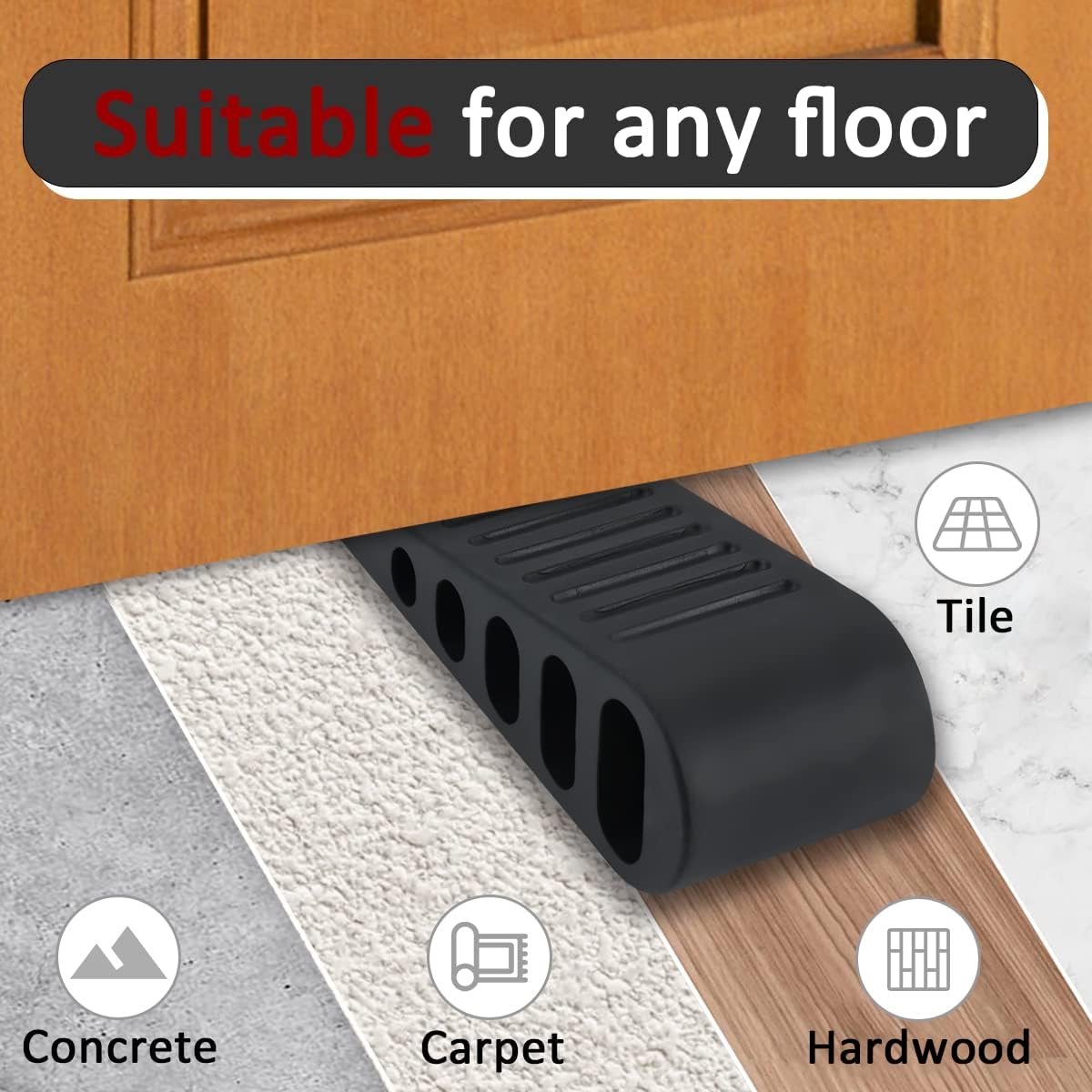 JQK Rubber Door Stopper Wedge, Black 4 Pack Soft TPR Premium Door Stops for Bottom of Heavy Duty Door on Tile, Concrete, Carpet, Wooden Floor, DSB61-BK-P4