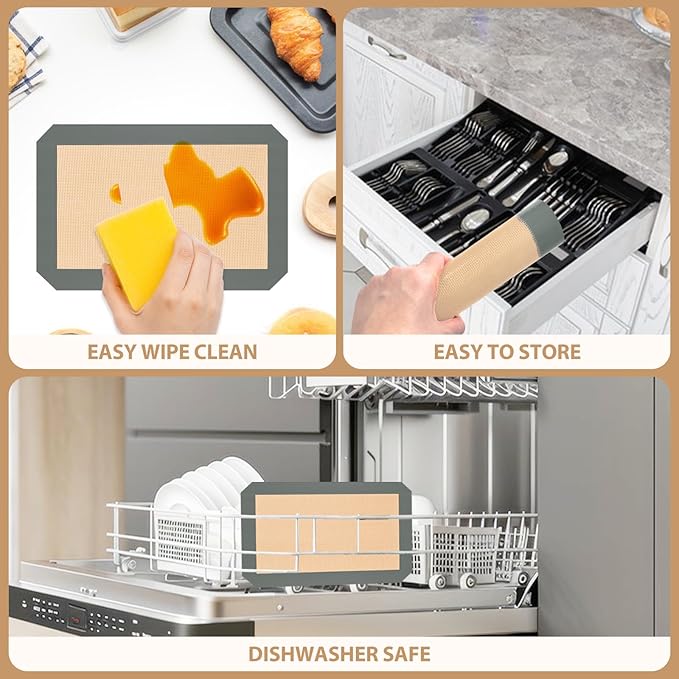 Silicone Baking Mat, Baking Sheets Non Stick, Silicone Mats for Baking, 3 Pcs for Cookies, Bread and Pastry, Baking Supplies for Oven, Grey