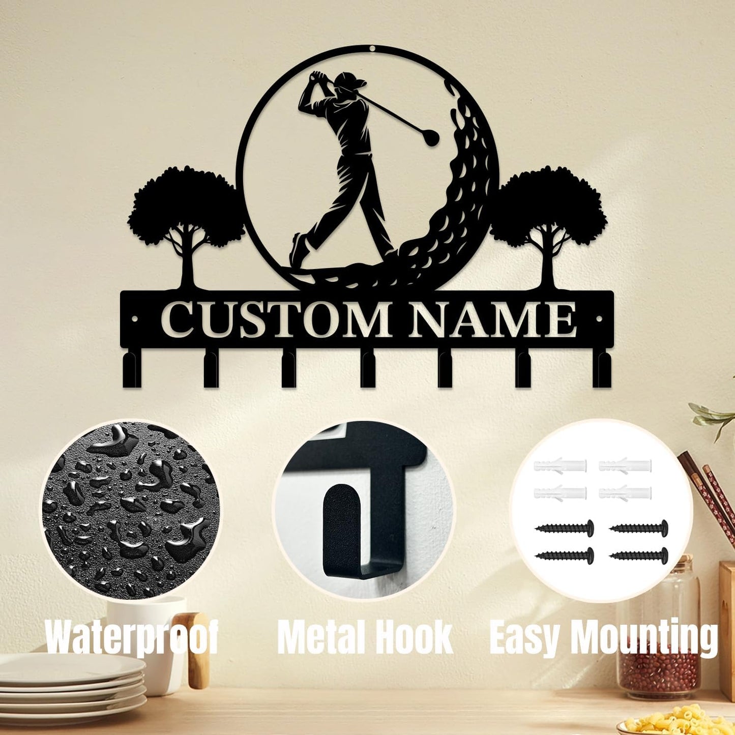 Personalized Custom Name Golf Ball Wall Keys Hooks,Metal Golf Art Clothes Hooks,Metal Golf Lover Wall Home Storage Decorative,For Front Door, Hallway, Kitchen, Bedroom,Keys,Hats (Style B)