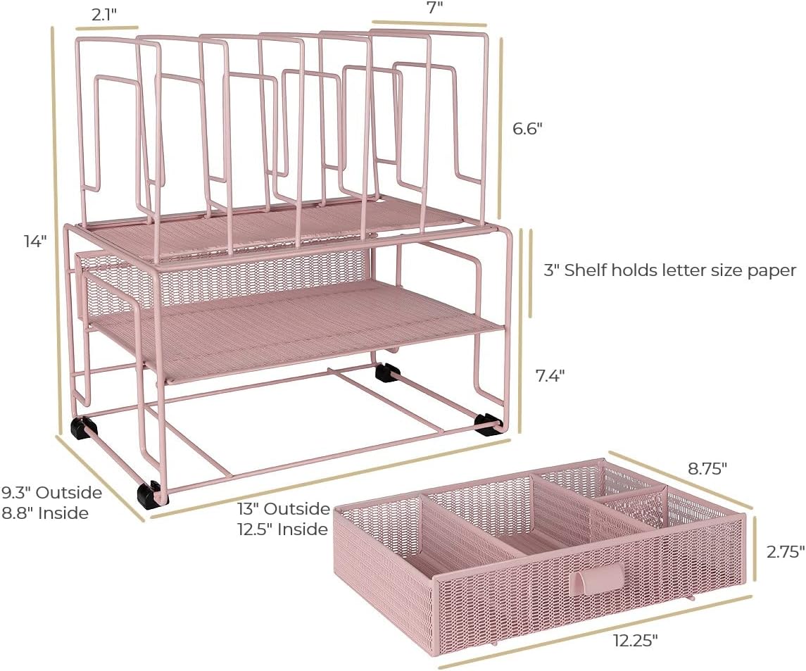 BLU MONACO Pink Desk Organizer | Metal File Sorter with Drawer | Office Supplies and Desktop Storage for Home Office