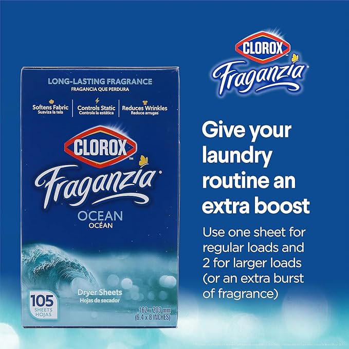 Clorox Fraganzia Fabric Softener Dryer Sheets, Ocean Scent - Wrinkle Reducing Scented Softening Laundry Dryer Sheets for Great Smelling Clothes, 105 Count - 6 Pack