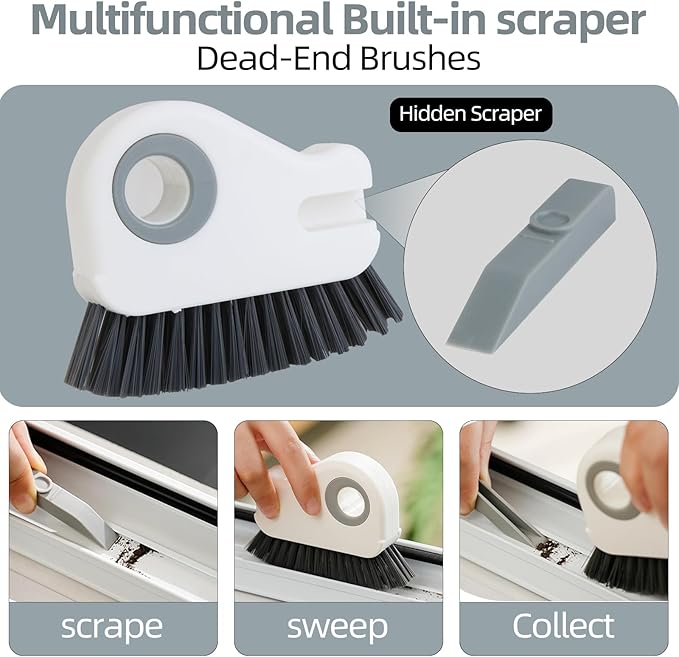 2 in 1 Groove Cleaning Brush, Grout Cleaner Tool & Multifunction Window Track Cleaner (with Hidden Scraper or Mini Dustpan) – for Glass Door Tracks, Window Sills, Sliding Doors, Shower Door Tracks
