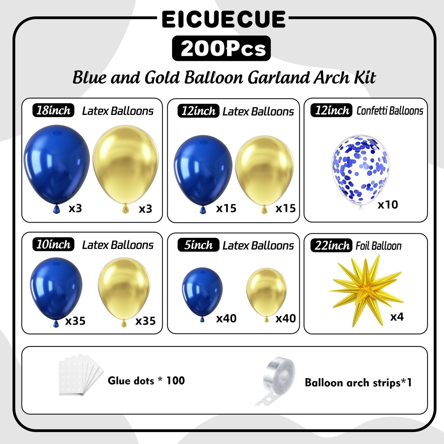 EICUECUE Navy Blue and Gold Balloons Garland Arch Kit with Stars 200Pcs -5 10 12 18 22 inch Balloon and Confetti Latex Balloons for 2025 Graduation Birthday Anniversary New Year Prom Party Decorations