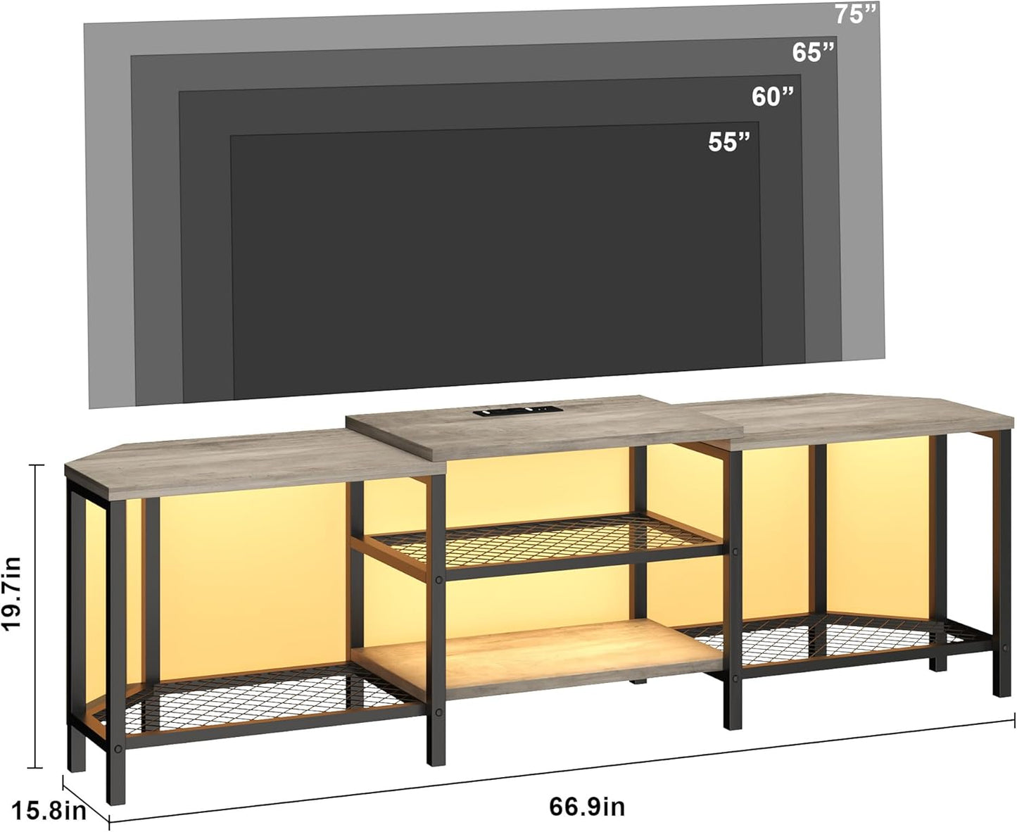 GarveeHome 67 Inch Large TV Stand with LED Lights for 55/65/75 Inch TV, Corner Entertainment Center with Power Outlets, 4 Open Storage Shelves, Media Console for Living Room, Bedroom, Grey