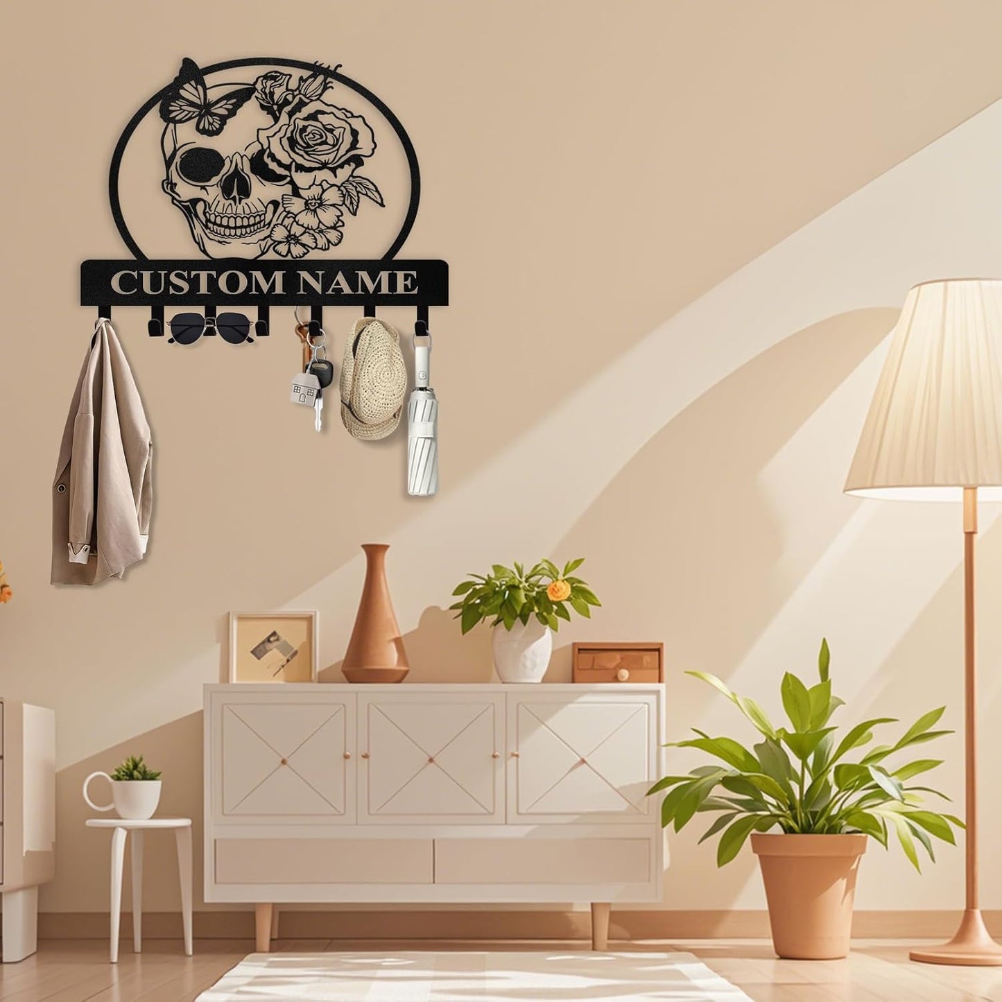 Personalized Key Holder for Wall - Coat Rack Wall Mount with Skeleton & Rose Flower Design, Metal Key Organizer with Hooks, Skull Wall Decor for Bedroom Living Room Entryway, Personalized Gift