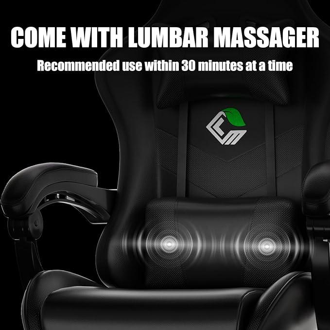 Gaming Chair with Footrest Racing Style Lumbar Support Massager Video Game Chair with Metal Legs, High Back Gamer Chair with Headrest, 360° Swivel Office Computer Desk Chair, Black